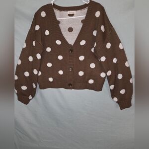 Blu Pepper Brown/White Polka Dot Balloon Sleeve Cardigan Sz S Over Sized Cropped